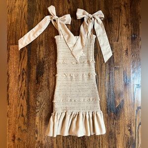 Tan/brown body con summer wedding guest dress, stretchy material